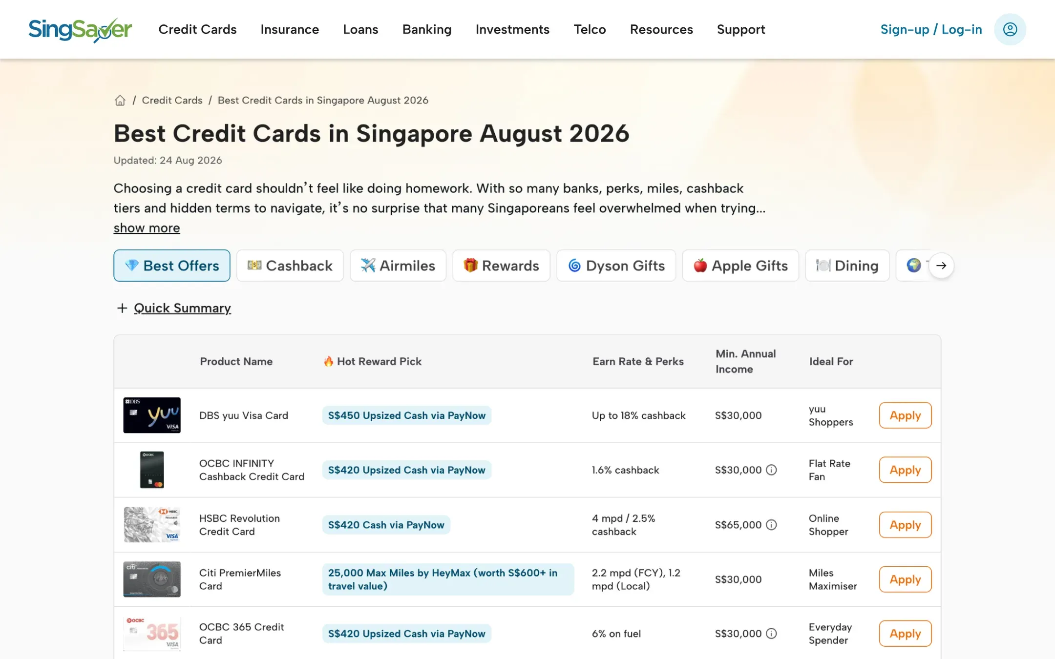 SingSaver credit card listing assembled from the shared system